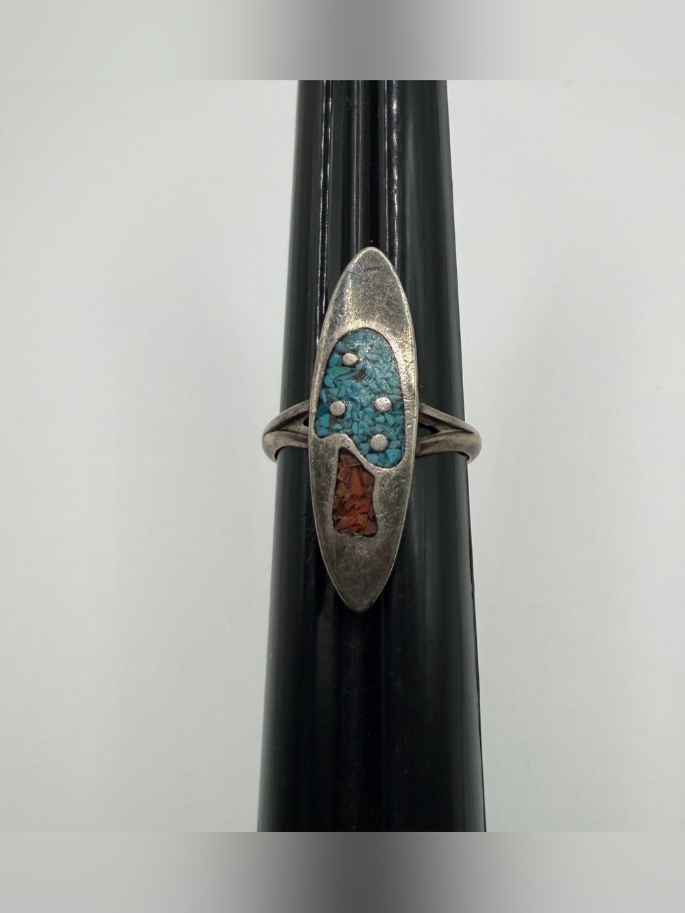 Vintage Navajo Sterling Silver 925 Inlay Coral & Turquoise Ring - Size 6